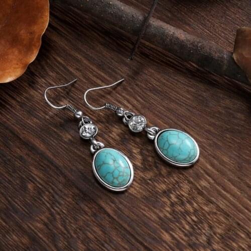 Antique Silver Plated Many Style Green Turquoises Stone Drop Earrings for Women Ethnic Jewelry
