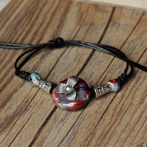 Womens Flower Round Ceramic Pendant Bracelet Double Black Rope Hand Chains Retro Silver Color Statement Bangles Fashion Jewelry