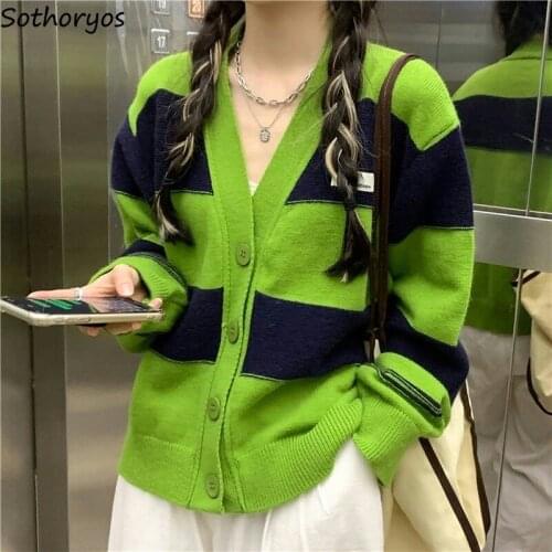 Women Green Cardigan Simple Long Sleeve Striped Loose All-match Knitted Sweater Casual Autumn Outwear Streetwear Korean Chic Ins