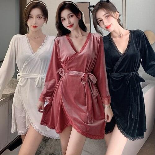 2021 New Winter Gold Velvet Sexy Mini Dress Robes for Women Long Sleeve Bathrobe Sleepwear Nightdress Homewear Night Gown Nighty