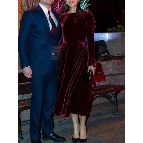 Princess Mary Designer High Quality New Spring Autumn Women Gorgeous Elegant Fashion Casual Party Long Sleeve Midi Velvet Dress