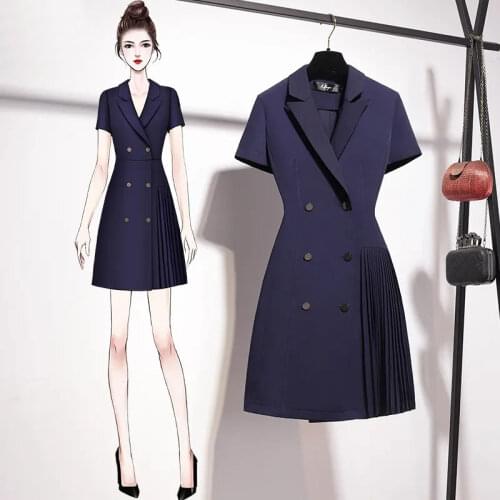 Size oL business wear suit dress female size black dress summer new style Korean double-breasted design sense mini pleated dress