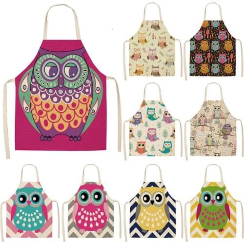 1Pcs Cartoon Owl Printed Kitchen Apron for Woman Sleeveless Cotton Linen Aprons For Cooking Home Cleaning Tools 53*65cm WQ0055