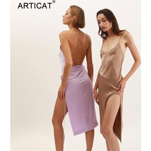 Articat Fashion Summer New Satin 2 Pieces Sets Women Strap Backless Camis High Split Midi Skirt Suit Matching Set Sexy Partywear