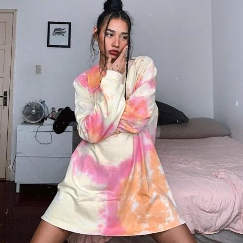 Women 2021 Long Sleeve Tie Dye Print Kawaii Letter Oversized Sweatshirts Harajuku Loose Split Irregular Hem Pullovers Tops
