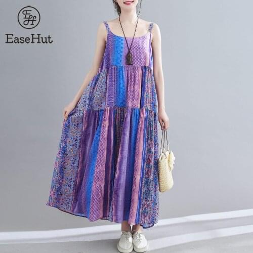 EaseHut 2021 Women Vintage Loose Dress Sleeveless Floral/Striped Print Plus Size Boho Holiday Midi Dress Casual Long Dress Women
