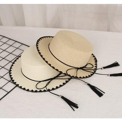 H7440 Childrens Straw Hats Summer Travel Beach Sunscreen Cap Girls Outdoor Casual Sun Protection Fashion Flat Top Baby Sunhat