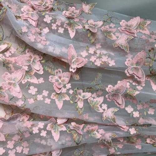Exquisite 3D Butterfly Lace Fabric In Pink And Gold Thread Embroidery Bridal Gown Wedding Fabric Net Fabric For Dress By Yard