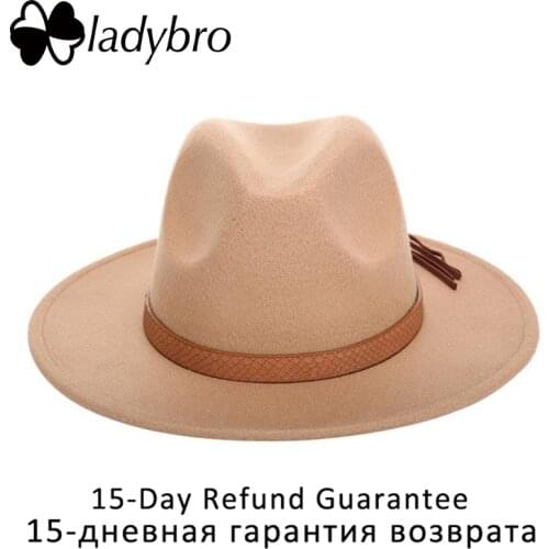 Ladybro Classical Jazz Hat Lady Autumn Winter Hat Women Fedora Hat Men Wide Brim Felt Cap Female Chapeau Imitation Wool Cap Male
