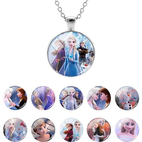 Disney Frozen Classic Princess Elsa Anna Snow Glass Dome Pendant Long Chain Necklace Kids Brithday Present Cabochon Jewelry BX01
