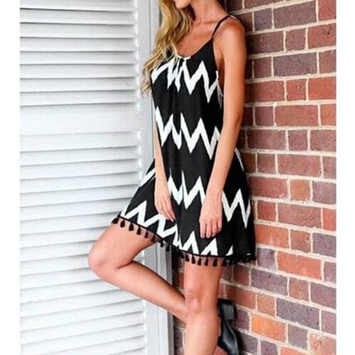 2021 Summer Womens Plus Size Dress Sexy Suspenders Black and White Wave Pattern Fringed Chiffon Beach Skirt Fashion Short Dress