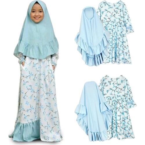 2019 NEW Robe Muslim Girls Suits Hijabs+Dress 2Pcs Childrens Set Arabia Dubai Malaysia Islamic Abaya Kaftan Clothes Middle East