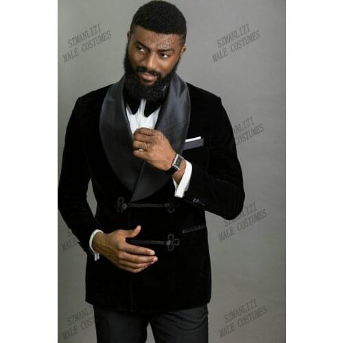 New Design Black Velvet Men Suits Double Breasted Tailor-Made Tuxedo 2 Pieces Blazer Pant Wedding Party Groom Costume Homme