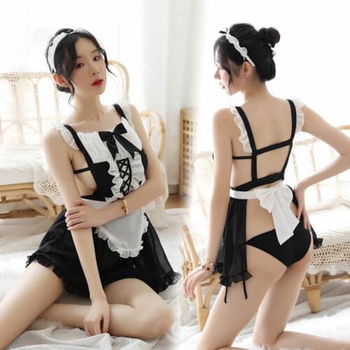Sexy Corset Maid Big Round Neckline Apron Wooden Ears With Cross Straps Design Transparent Lace Underwear Cosplay Uniform Set