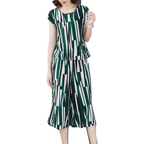 Casual Cotton Silk Womens Suits Summer Sets Print Cotton T-shirt Tops & Wide Leg Pants 2 Pcs Sets Clothing Feminina 4XL K267