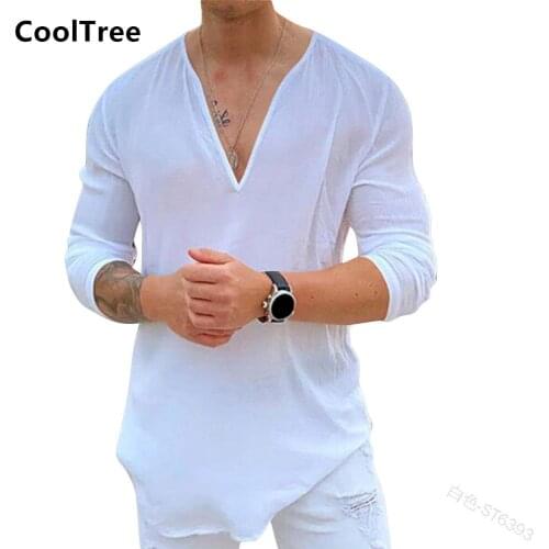 CoolTree Men Casual T-shirts Summer Breathable Solid color V-neck Long sleeve T shirts Male Fashion simple Thin Tees Streetwear