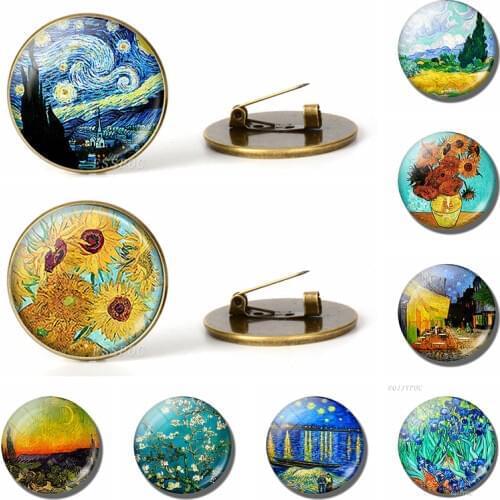 Retro Van Gogh Art Starry Night Sunflower Brooches Men Women Glass Cabochon Dome Jewelry School Bag Bronze Brooch Pins Gift