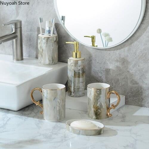 Nordic Bathroom Supplies Luxury Ceramic Toothbrushing Cup Soap Liquid Bottle Gold Rim Marbled Bathroom Decoration Accessories