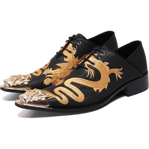 Italian Style Luxury Dragon Embroidery Men Shoes Glitter Claquette Steel Toe Shoes Formal Party Mens Dress Shoes schuhe herren