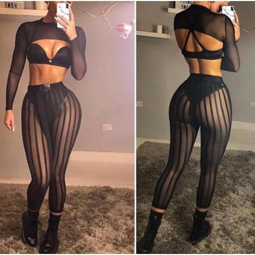 Sexy Women Striped Mesh Perspective Pants Knee Length Party Trousers Club Wear
