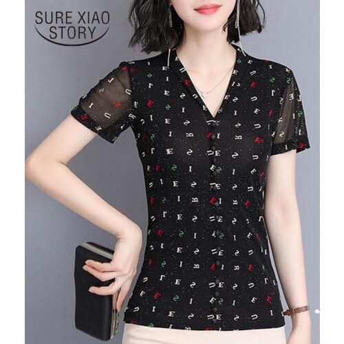 Plus Size Short Women Tops Short Sleeve Summer Print Hollow Slim Women Blouse Chemisier Womens Tops and Blouses 4332 50