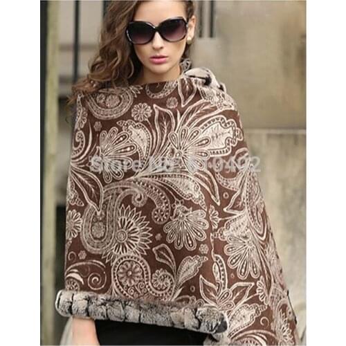 FASHION Elegance Womens Shawl 100% pure silk 100% Real Rex Rabbit Fur Plaid Cape/ cloak/ Poncho /Wraps/Brown