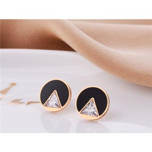 Simple Round Triangle Zircon Black Shell Stud Earrings For Women High Quality Color Retention Stainless Steel Jewelry Female