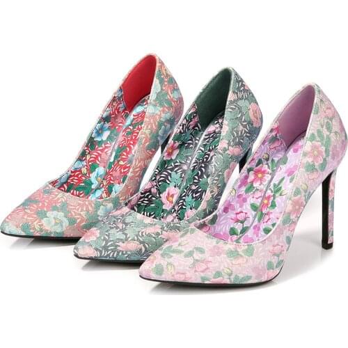 Ethnic Style Womens Shoes Printed Floral Pointed Toe High Heels 11cm Spring & Summer Female Sexy Pumps 35--46 OULYYYOGO
