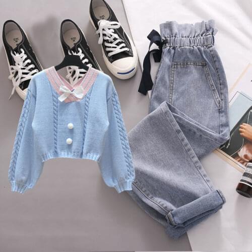 2021 Women Spring Autumn New Two-piece Suits Female Bow Knitted Pullover Tops Ladies High Waist Loose Harem Pants Sets P193