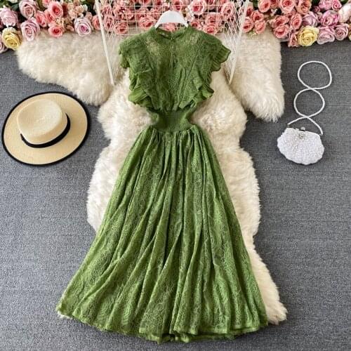 2021 Women Spring and Autumn Lace O- Neck Dress Sleeveless Fashion Slim Slim Thin Elegant Ruffle Sleeveless Big swing