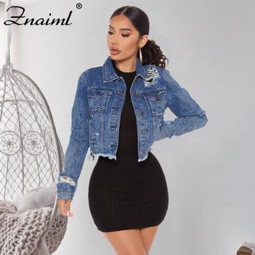 Znaiml Womens Denim Jacket Coat Ripped Hole BF Jeans Outwear Streetwear Style Female Spring Autumn Casual Slim Cowboy Clothes