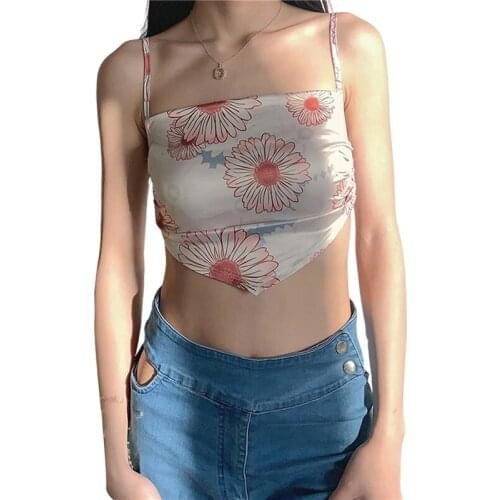 2021 Fashion Trend Womens Crop Cami Tops Spaghetti Strap Sleeveless Floral Print Zip Back Ruched Tank Casual Summer Camisole