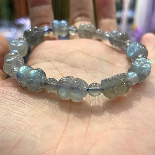 8x10mm Natural Labradorite Stone Beads Bracelet 7'' Carved Pig Gray Loose DIY Beads Bracelets Jewelry For Women Men Bangle Gift