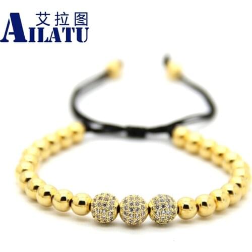 Ailatu 6mm Copper Beads with 8mm Plated Pave CZ Ball Jewelry Braided Bracelet For Mens & Girls