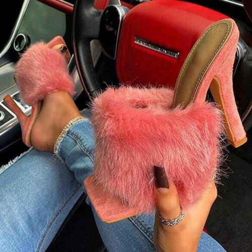 Fluffy Fur Single Band Daily Thin Heel Big Size Warm Women Sandals Square Peep Toe Slip-on Summer Slides Shoes For Lady Slippers