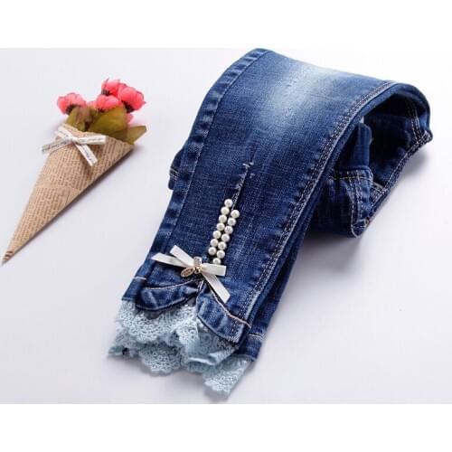 2020 Spring Fall Girls Fashion Lace Pearls Spliced Jeans Childrens New Stretch Denim Pants Kids All-Match Casual Trousers X261