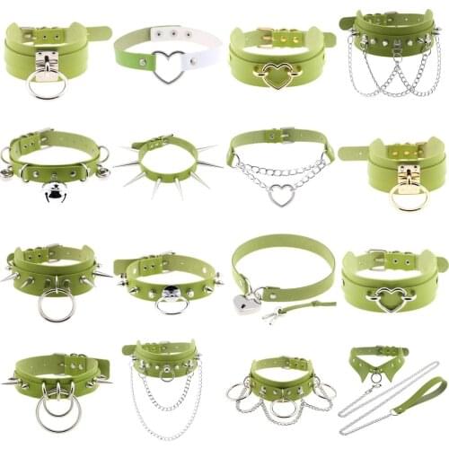 Goth Sexy Collar Rivet Women Man Green Punk Gothic Slave PU Leather Traction Stainless Steel Chains Bondage Necklace Jewelry