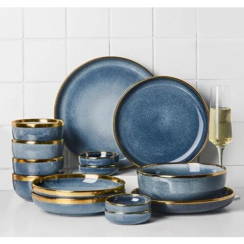 Ceramic Tableware Set Dishes Dinner Plates Steak Food Dessert Plate Blue Gradient Salad Soup Bowl Plates and Bowls Set