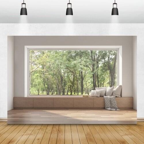 Laeacco Photography Background Cozy Life French Window View Room Spring Green Tree Scenic Photo Backdrop Photo Studio Photocall