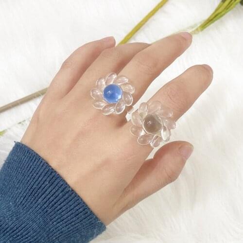 Minar 2 Pieces/Set Sweet Transparent Resin Flower Charm Rings for Women 2021 Summer Cute Clear Arcylic Sunflower Ring Gifts