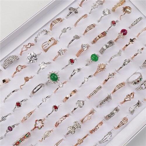 24pcs/lot Fashion Micro-inlaid Zircon Gold Silver Color Copper Rings For Women Mix Style Wedding Jewelry With Box Party Gifts