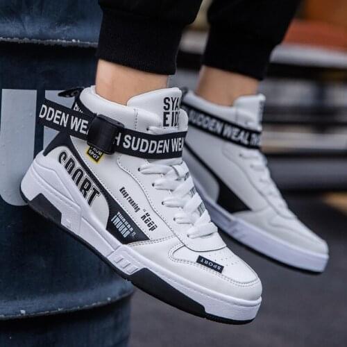 New Autumn Trend High Top Men Shoes Leather Fashion Men Vulcanized Shoes PU Leather Sneakers Men Thick Bottom Non-slip Men Shoes