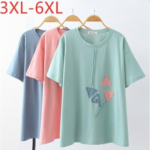 New 2021 Ladies Summer Plus Size Tops For Women Large Short Sleeve Loose Cotton Green Appliques O-neck T-shirt 3XL 4XL 5XL 6XL