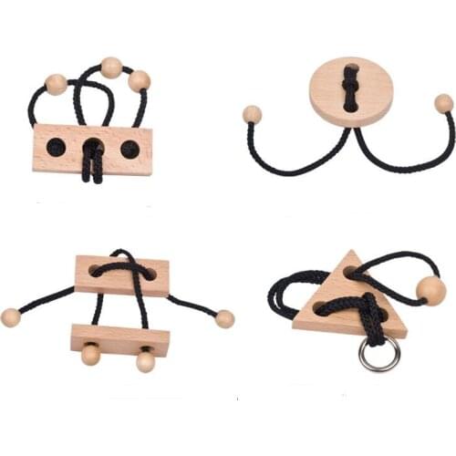 New 4PCS/Set IQ Wooden Rope Puzzle Mind Brain Teaser String Loop Puzzles Game for Adults Children