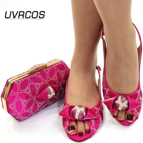 Low Heel Shining Crystal Italian design Ladies Shoes and Bag Set for Party African Women Shoes and Bag Set in Fuchsia Color
