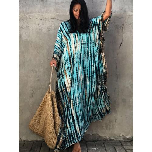 Bohemian Printed V-neck Batwing Sleeve Side Split Loose Dress For Women Clothes Plus Size Beachwear Maxi Dress Q1218