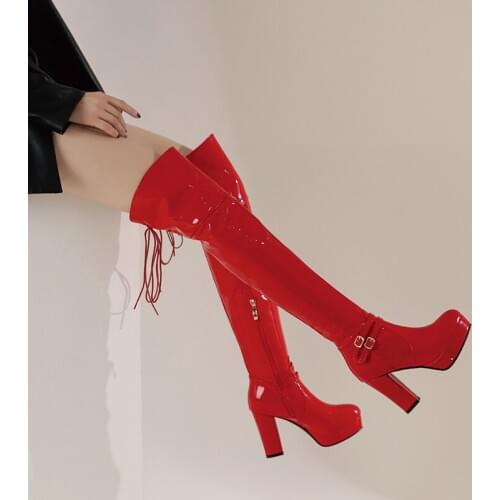 Fashion Over-the-Knee Boots Womens Square Block Heel Platform Side Zipper Buckle Autumn Winter Thigh Boots 10CM High Heels32-43