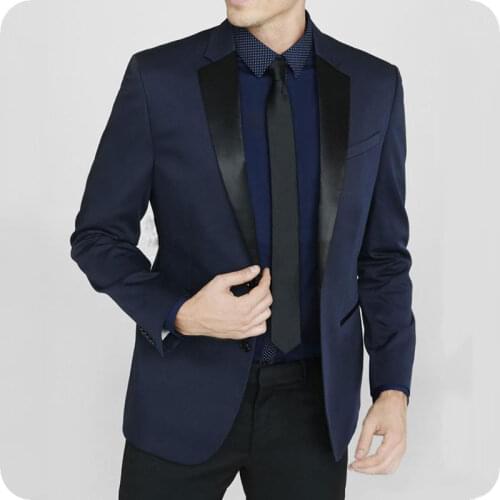 Navy Blue Men Suits for Wedding Groomsmen Tuxedo Black Notched Lapel Man Blazer 2Piece Coat Pants Costume Homme Terno Masculino