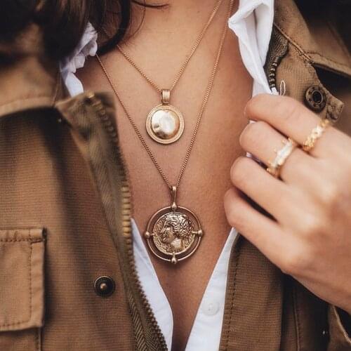 Vintage Carved Coin Necklace For Women Boho Gold Medallion Long Chain Double Necklace Pendant Female Necklace