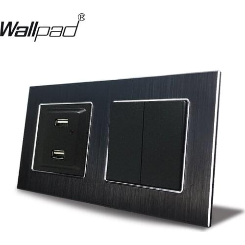 EU Switch and 2 USB Socket Wallpad 110V-240V AC Aluminum Frame 16A 2 Gang Button Switch with Dual USB 5.1V DC Charging Outlet